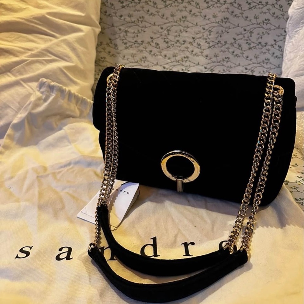 Sandro Black Velvet Shoulder Bag with Gold-Tone Chain - Picture 2 of 8